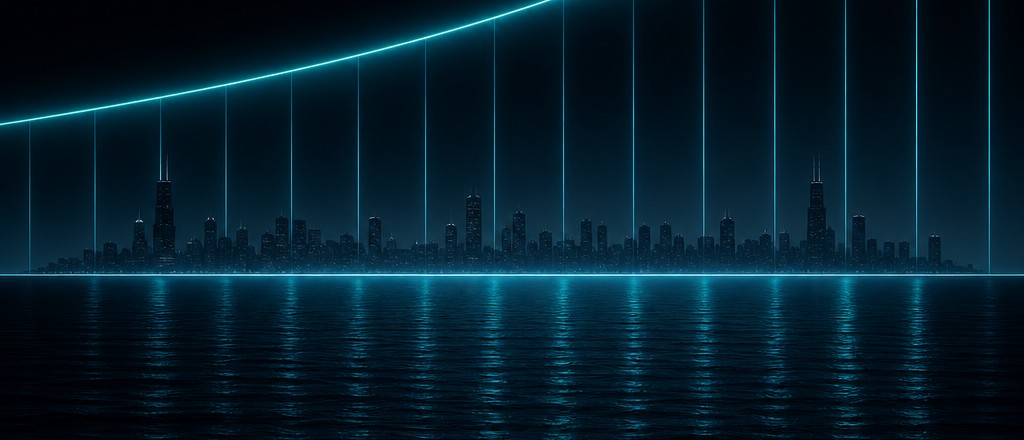 The Chicago skyline across Lake Michigan at night under sparse cyan ticks, with one luminous curve sweeping across them.