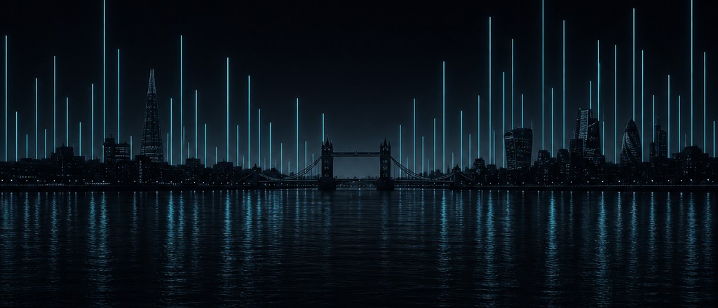 The London skyline across the Thames at night under a sparse field of cyan ticks rising from the horizon.