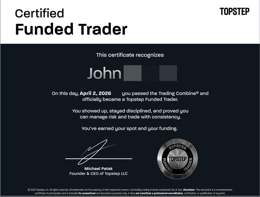 Topstep Certified Funded Trader certificate dated April 2, 2026, surname blurred