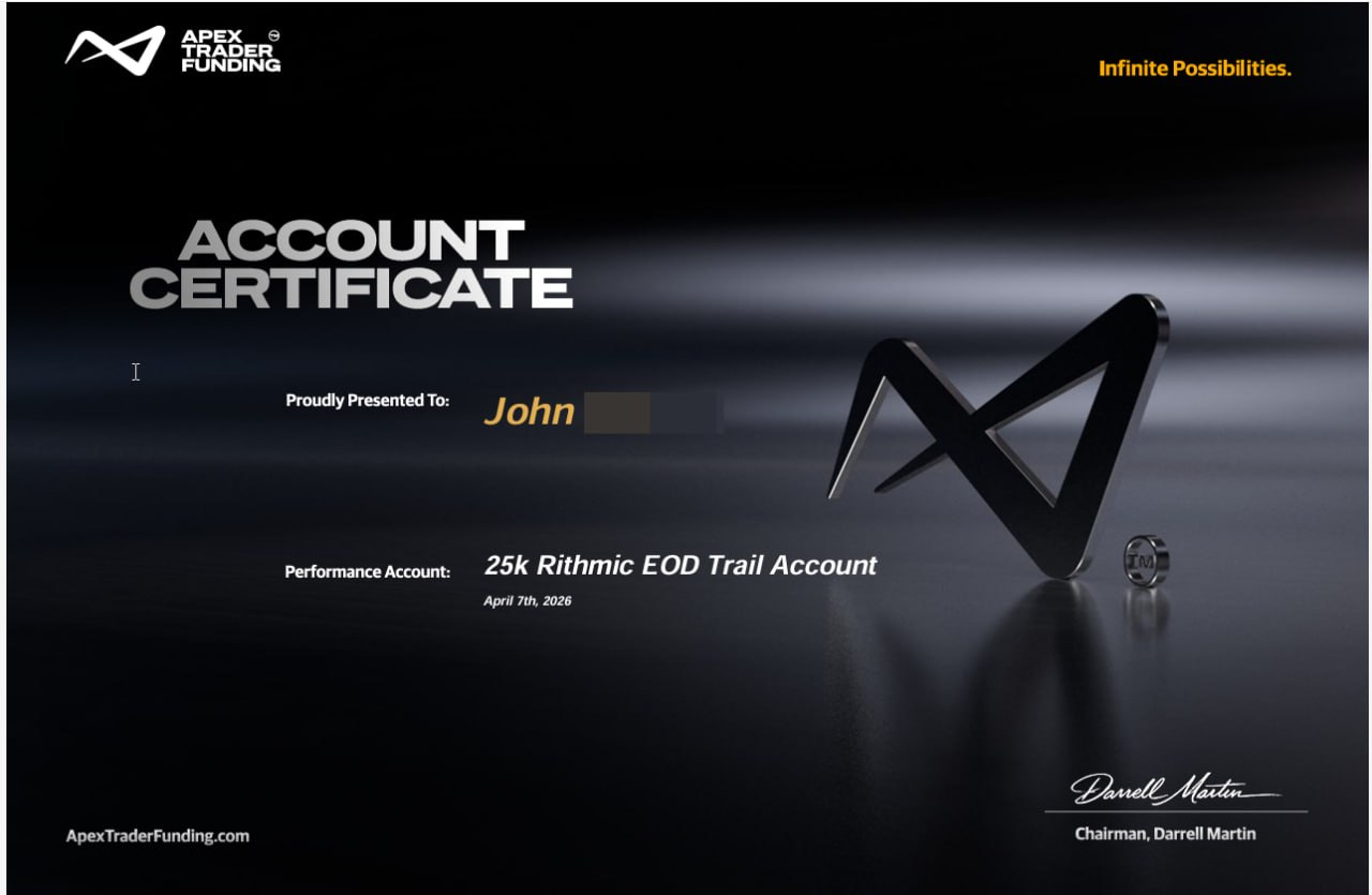 Apex Trader Funding account certificate for a 25k Rithmic EOD Trail Account, dated April 7, 2026, surname blurred