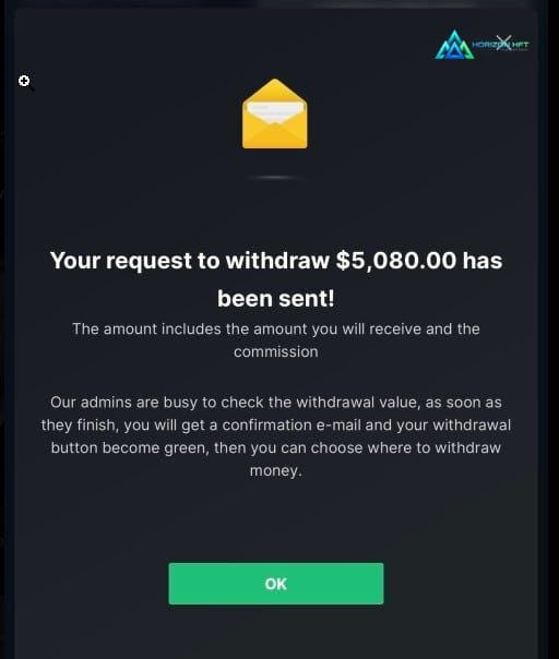 Message reading "Your request to withdraw $5,080.00 has been sent!"