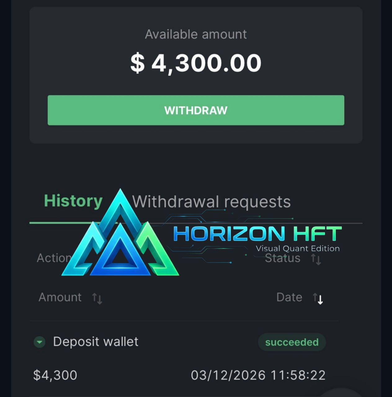 Wallet screen showing an available amount of $4,300.00 and a history row: Deposit wallet, $4,300, succeeded, 03/12/2026